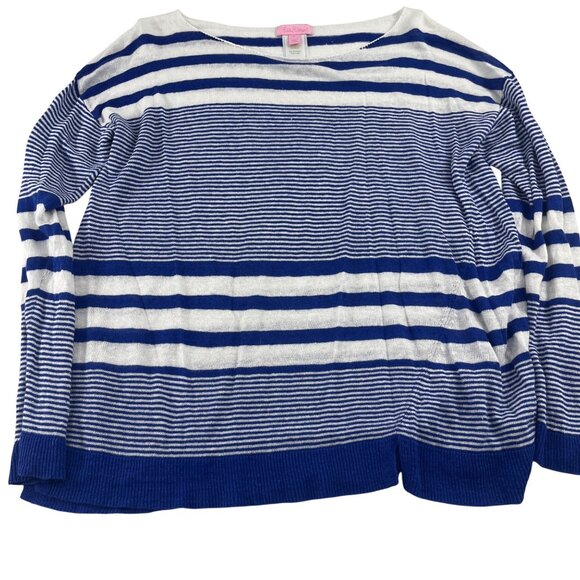 Lilly Pulitzer Blue & White Striped Linen Lightweight Sweater size large - Picture 1 of 5